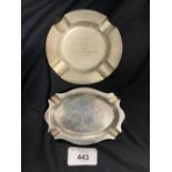 Hallmarked Silver: Ashtrays, one circular hallmarked Birmingham 1923, the other oval, hallmarked