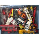 Toys: Diecast playworn Lesney mobile crane, pipe lorry and various other cars. Matchbox coach, and