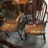 19th cent. Wheel back elm carver chair. Plus spindle back elm carver A/F.