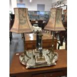 20th cent. Brass and marble lamps in the form of columns, plus two faux bamboo brass lamps, and a