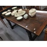 18th cent. Oak refectory table, three plank top with turned supports and heavily worn "H" stretcher.