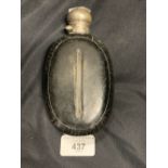 Hallmarked Silver: Leather bound glass hip flask with hallmarked collar.