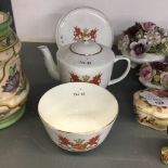 20th cent. Gladstone China crested ware teapot on stand and sugar bowl decorated with the Welsh