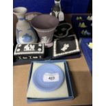 20th cent. Ceramics: Wedgwood Jasper ware, trinket box, vases, pin trays, two boxed. Blue and white,