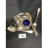 Hallmarked Silver: Three piece condiment with blue glass liners and two spoons. Birmingham 1966, J.