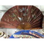 Early 20th cent. Chinese silk painted fan, brown ground with bluebirds and bamboo sticks. 26ins