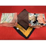 Fashion: Liberty London silk scarves. Peach border scarf printed with orange and purple irises,