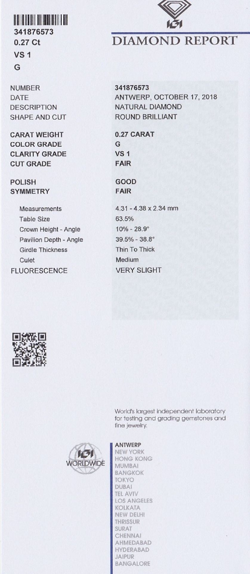 Loser Brillant 0.27 ct feines Weiß(G)/vs1, Politur gut, mit IGI Expertise Schätzpreis: 780, - - Bild 2 aus 2