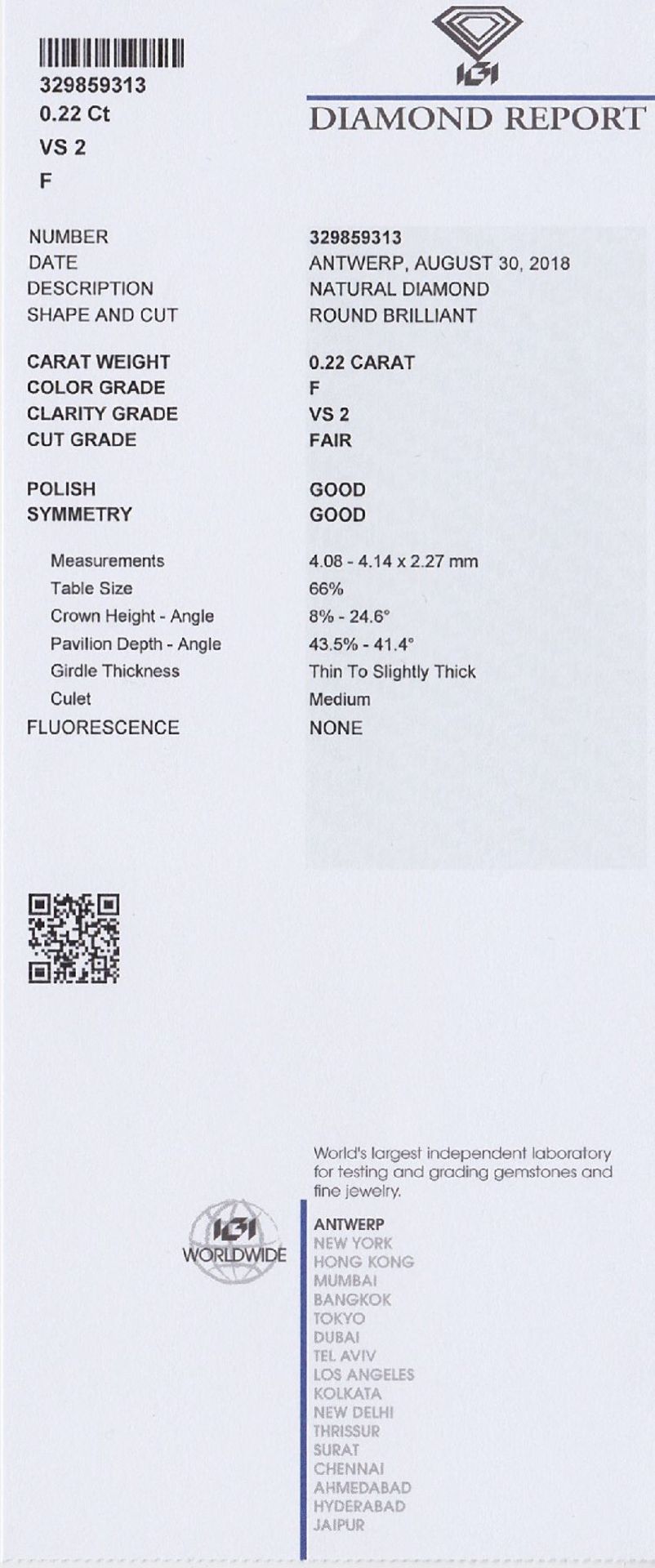 Loser Brillant 0.22 ct feines Weiß(F)/vs2, Politur und Symmetrie gut, mit IGI Expertise Schätzpreis: - Bild 2 aus 2