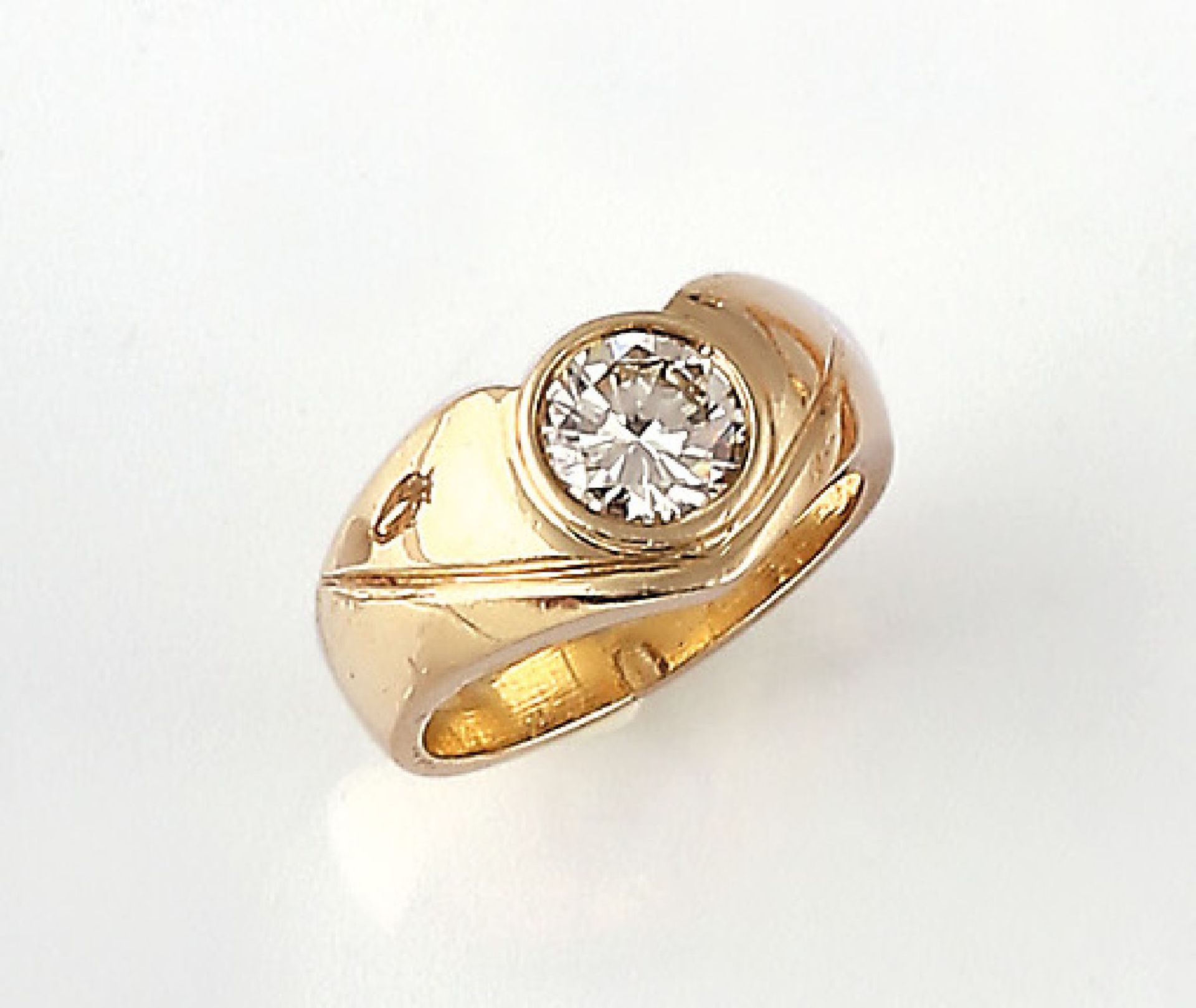 14 kt Gold Ring mit Brillant, GG 585/000, Brillant 1.362 ct get./vvs, RW 57, Expertise über Stein