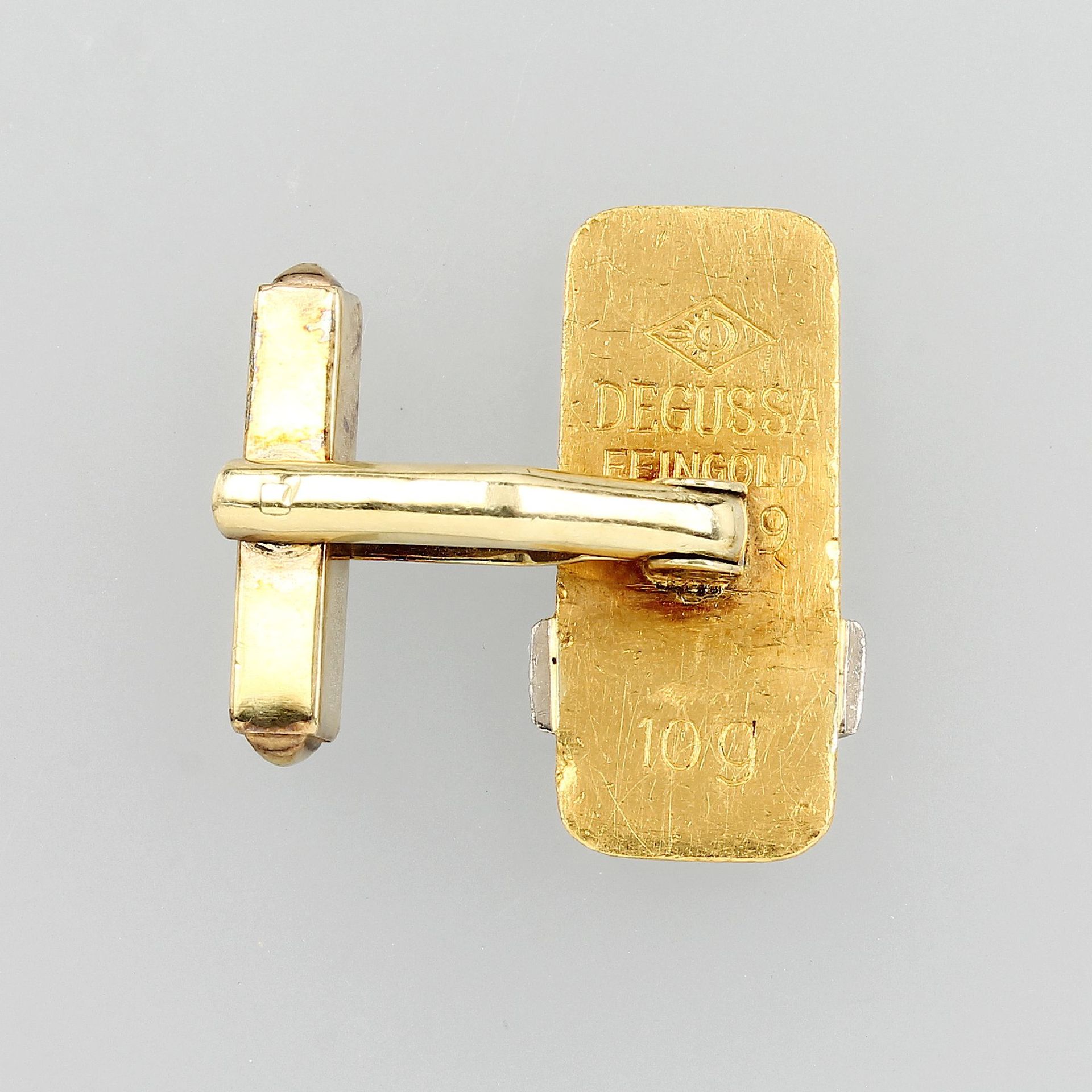 Paar Gold Manschettenknöpfe mit jew. 10 g Feingoldbarren und Diamanten, Fassung GG 585/000, 8 8/8- - Bild 2 aus 2