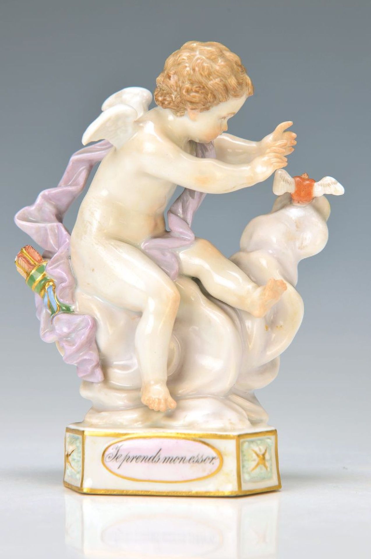 Porzellanfigur, Meissen, um 1870, Devisenkind, Amor auf Wolke, bunt staffiert, feines Inkarnat,