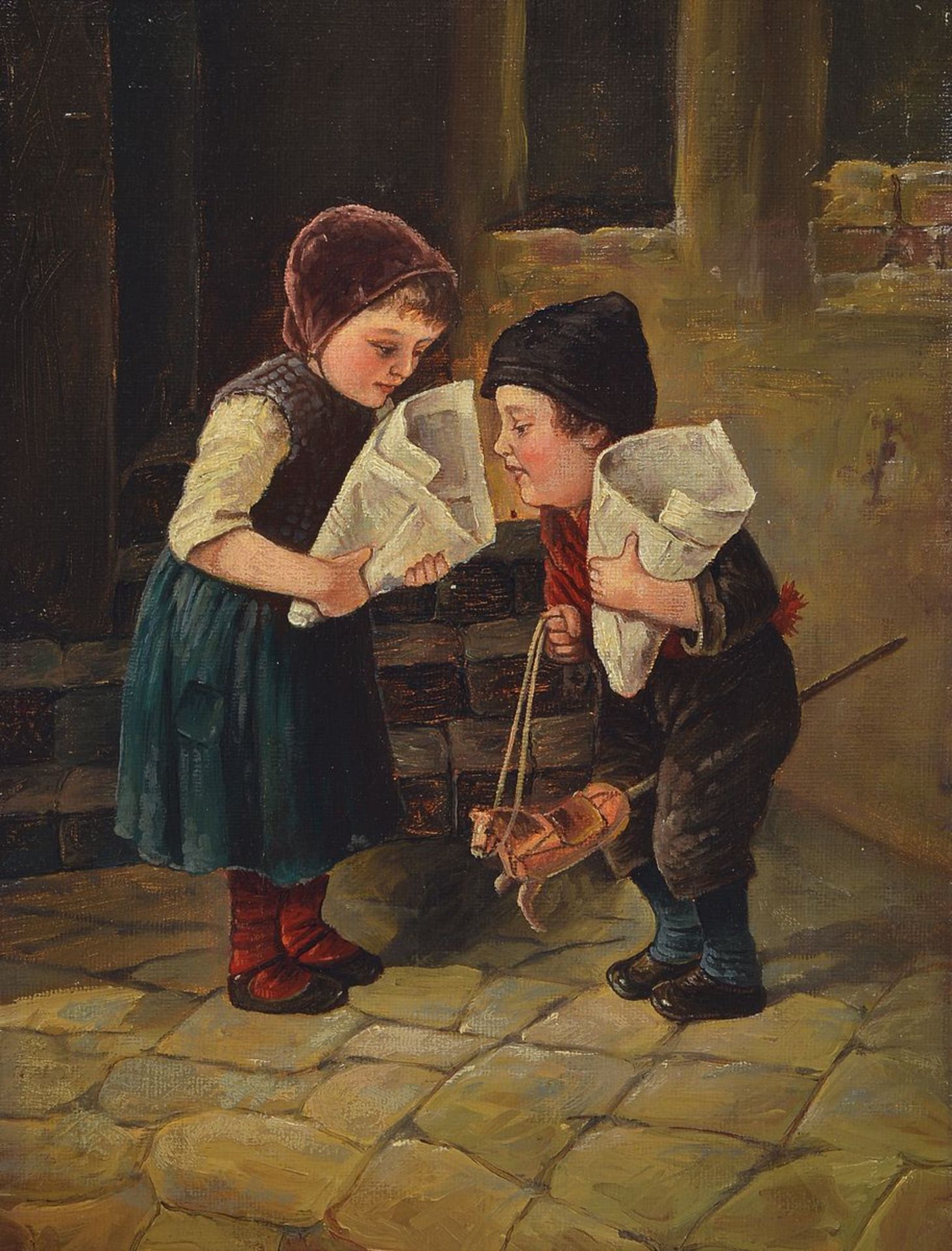 Unbekannter Künstler, deutsch, um 1900, zwei Kinder auf der Straße, Öl/Lwd, ca. 27x20cm/