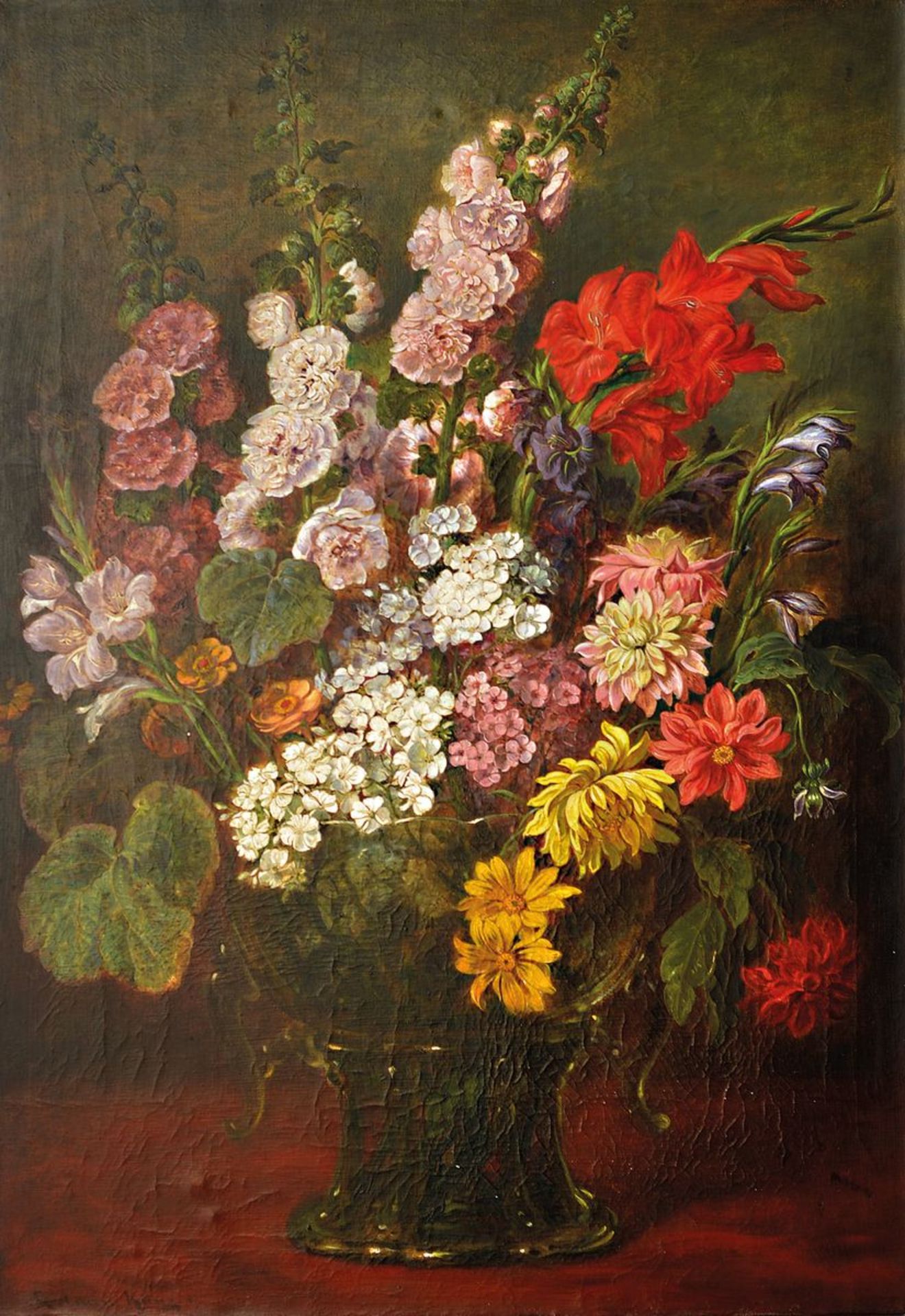 Ludwig Adam Kunz, 1857 Wien - 1929 München, großes Blumenstillleben, sog. Hochzeitsgemälde, links