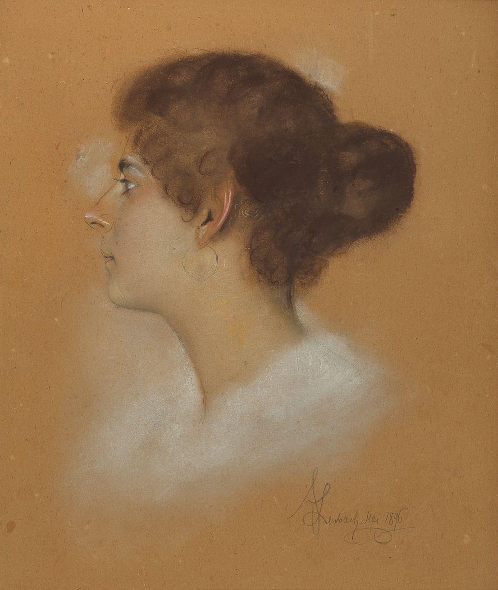 Franz Seraph von Lenbach, 1836-1904, Profilporträt einer jungen Frau, aquarellierte Zeichnung auf