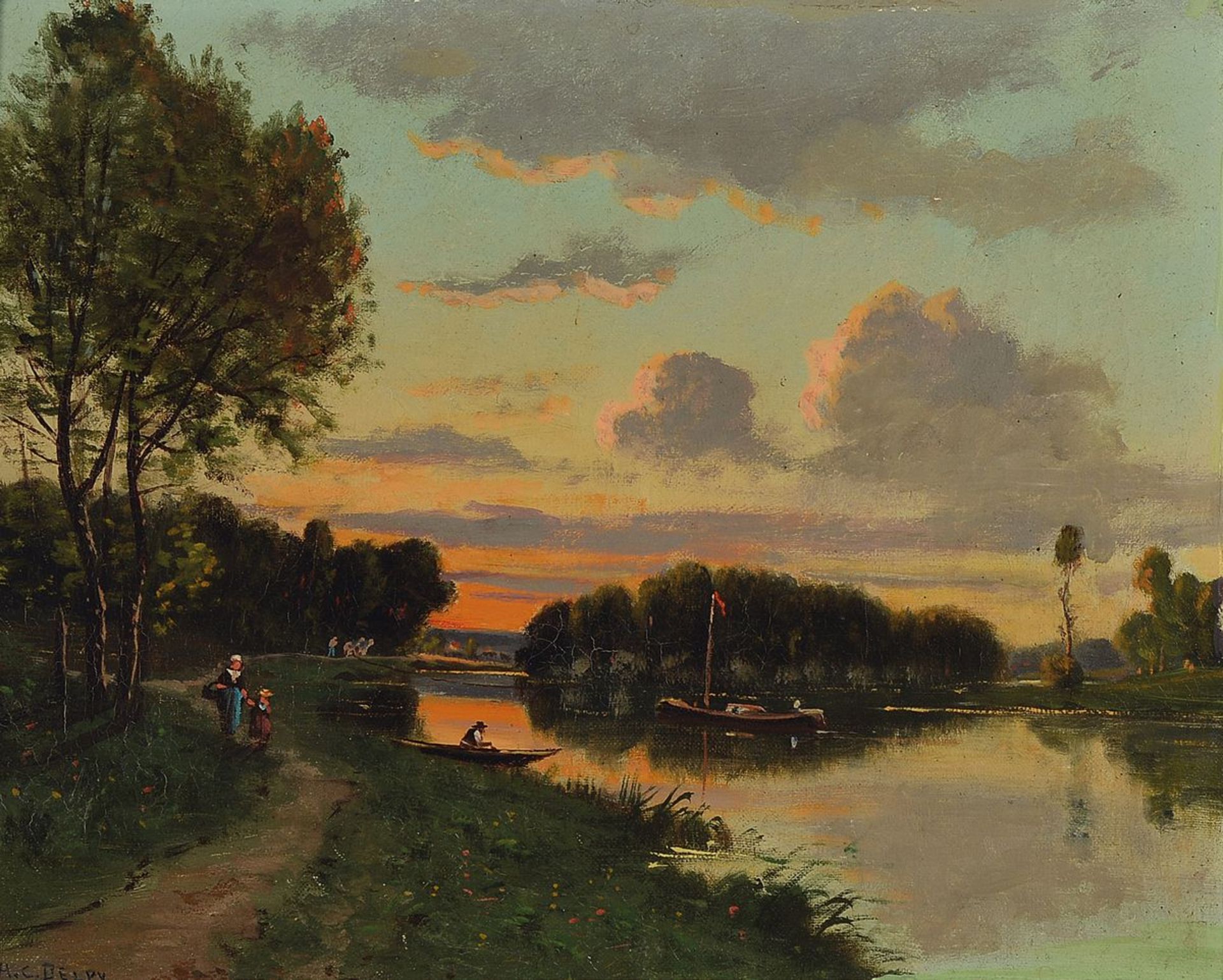 Hippolyte Camille Delpy, 1842 Joigny-1910 Paris, Abendrot über einem bewaldeten See, Öl/Lwd, links