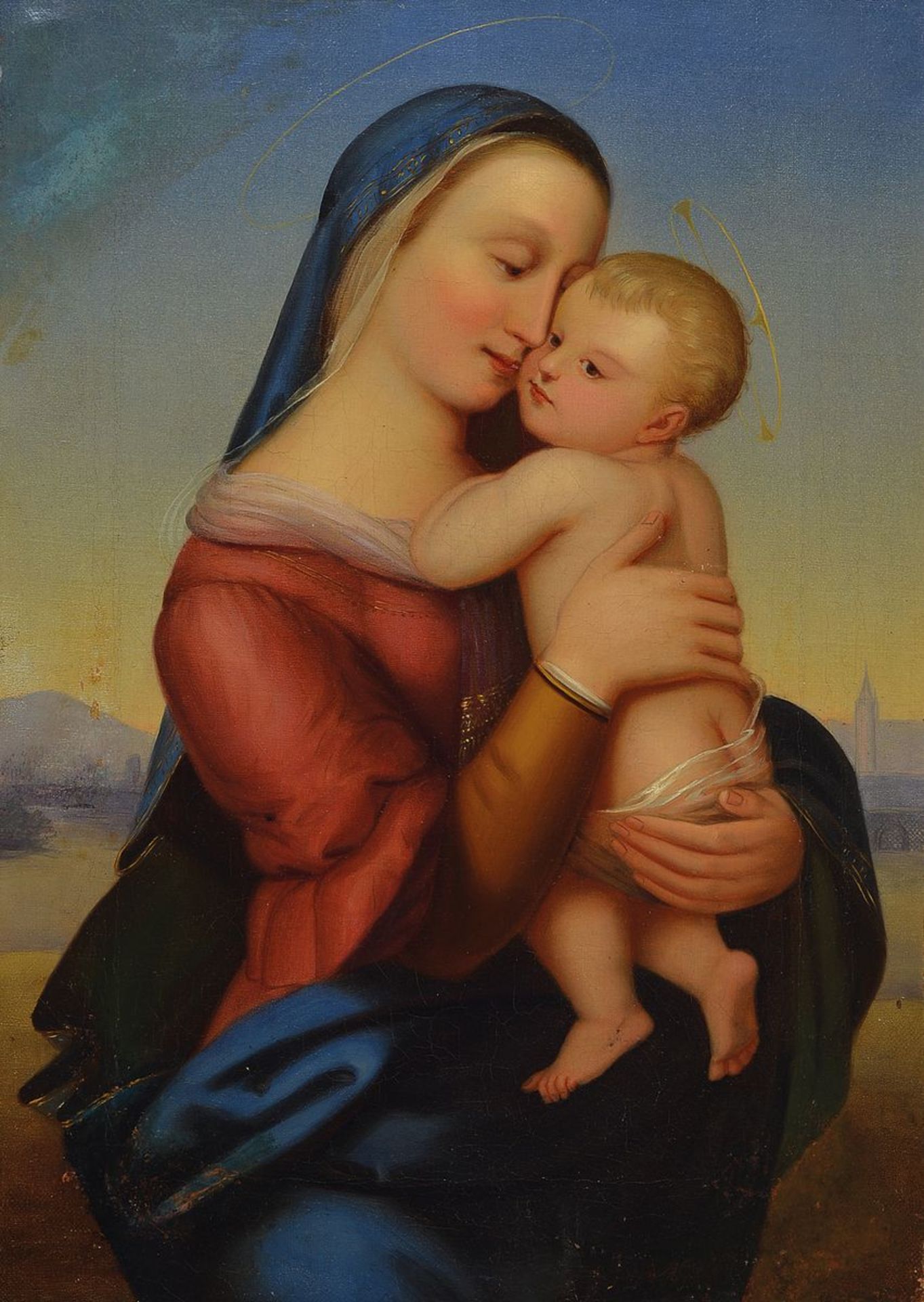 Unbekannter Künstler, um 1830-40, Madonna mit Christuskind, Öl/Lwd, rest., ca. 42x30cm/64x42cm, R.
