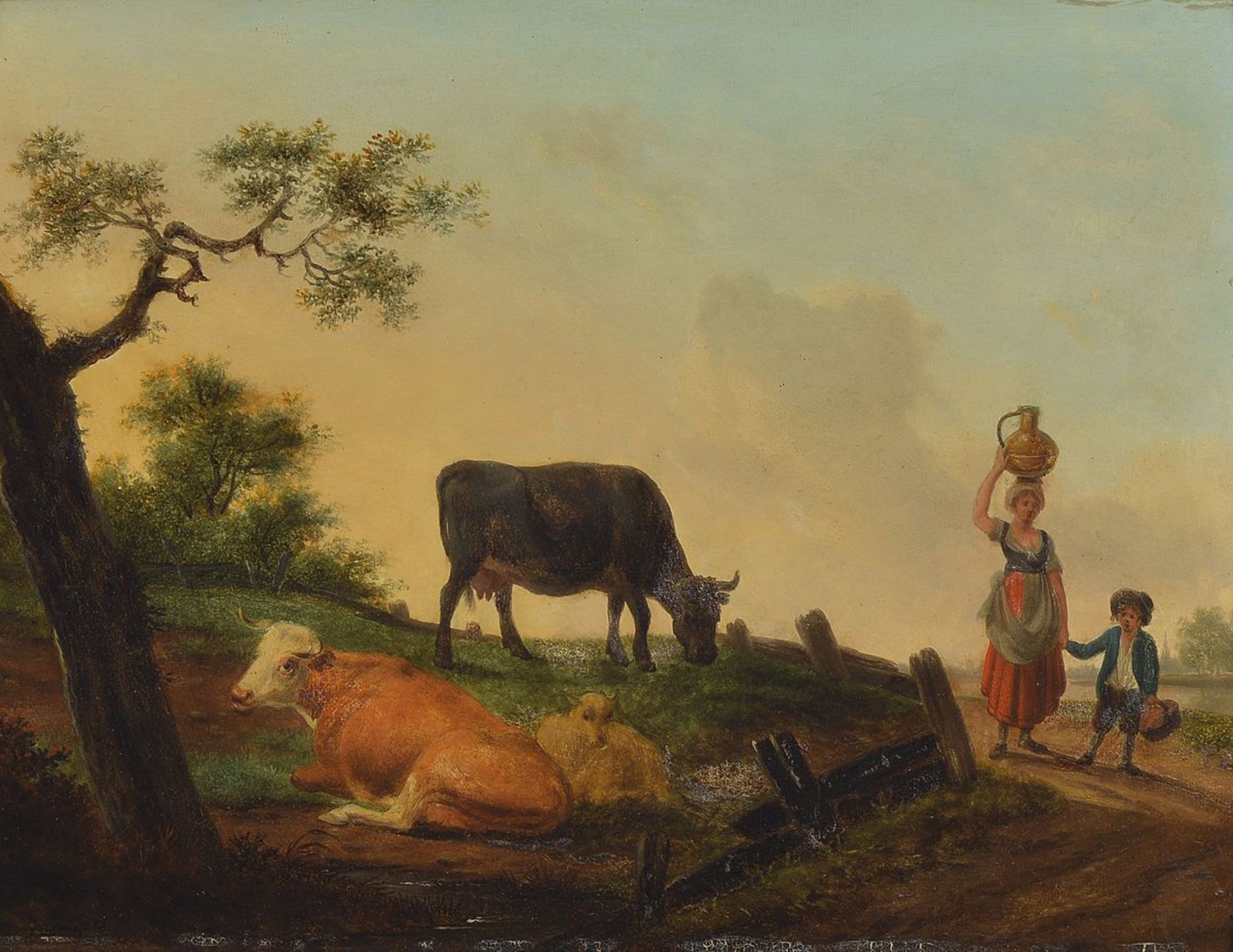 Unbekannter Künstler, um 1800, Mutter und Sohn auf dem Heimweg vorbei an grasenden und rastenden