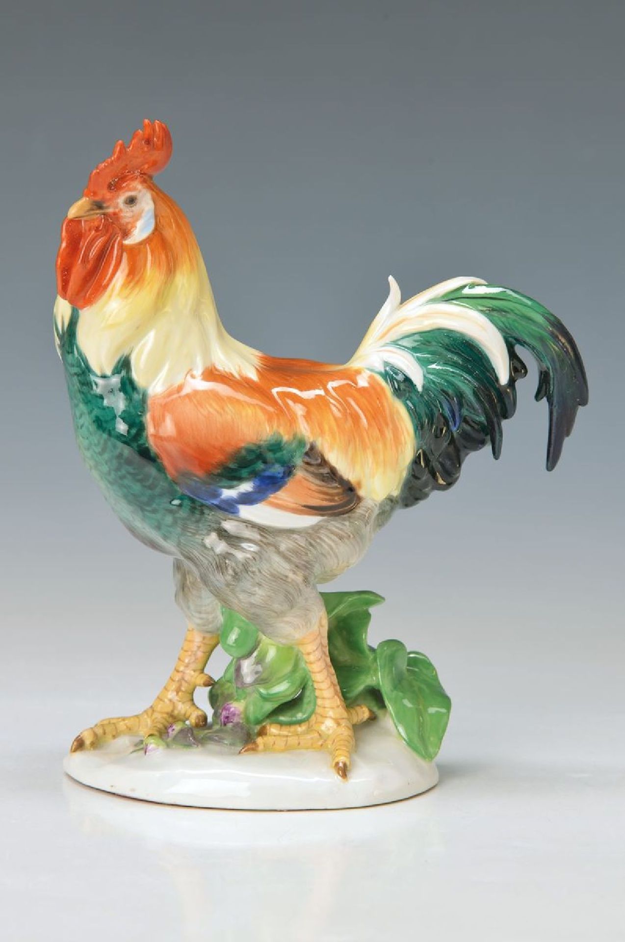 Porzellanfigur, Meissen, 1880/90, Hahn, bunt bemalt, fein verlaufende Farbigkeit u. hohe