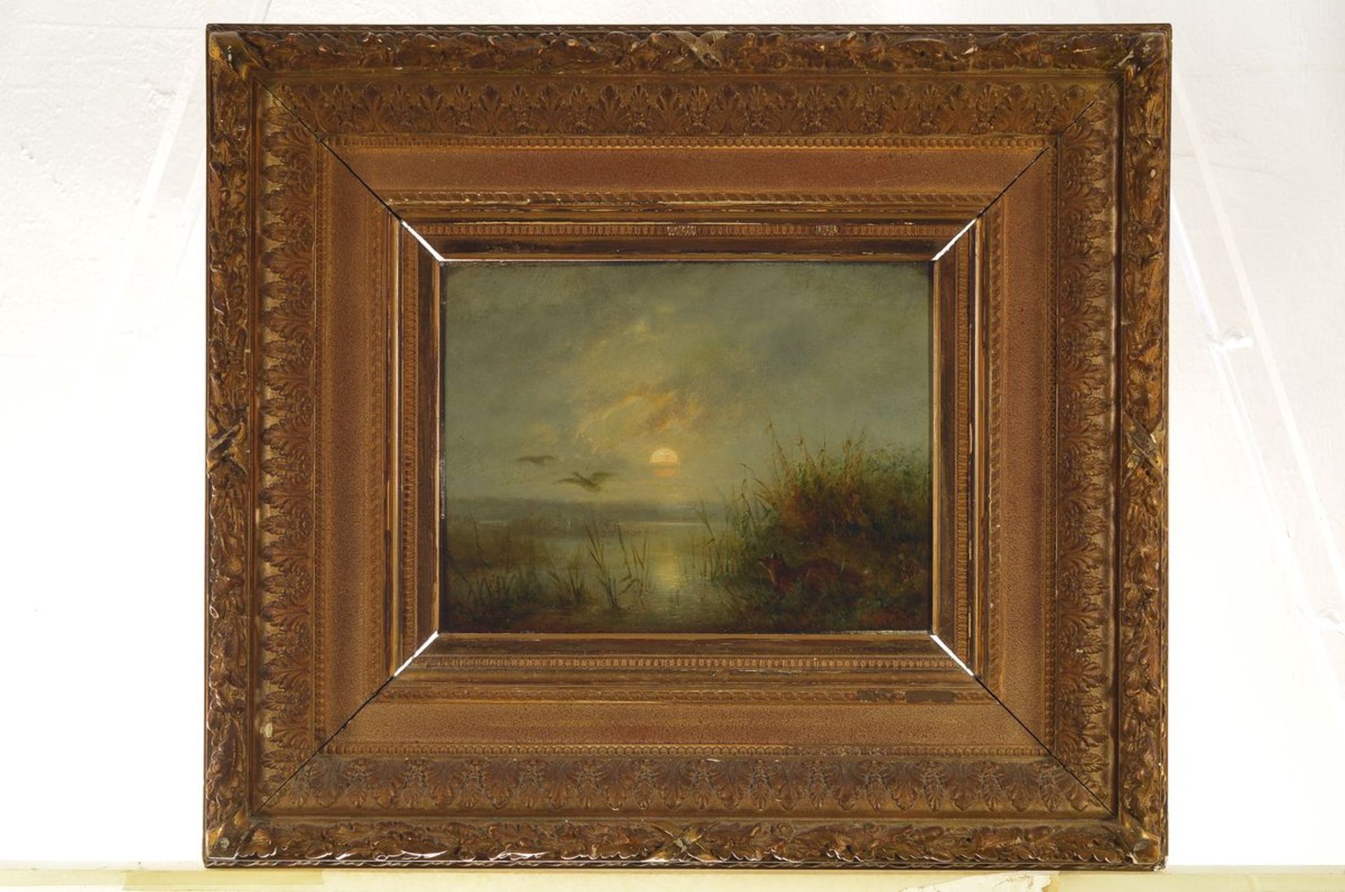 Friedrich Rückert, 1832-1893, Vollmond über dem Moor, Fuchs beobachtet auffliegende Gänse, Öl/ - Image 3 of 3