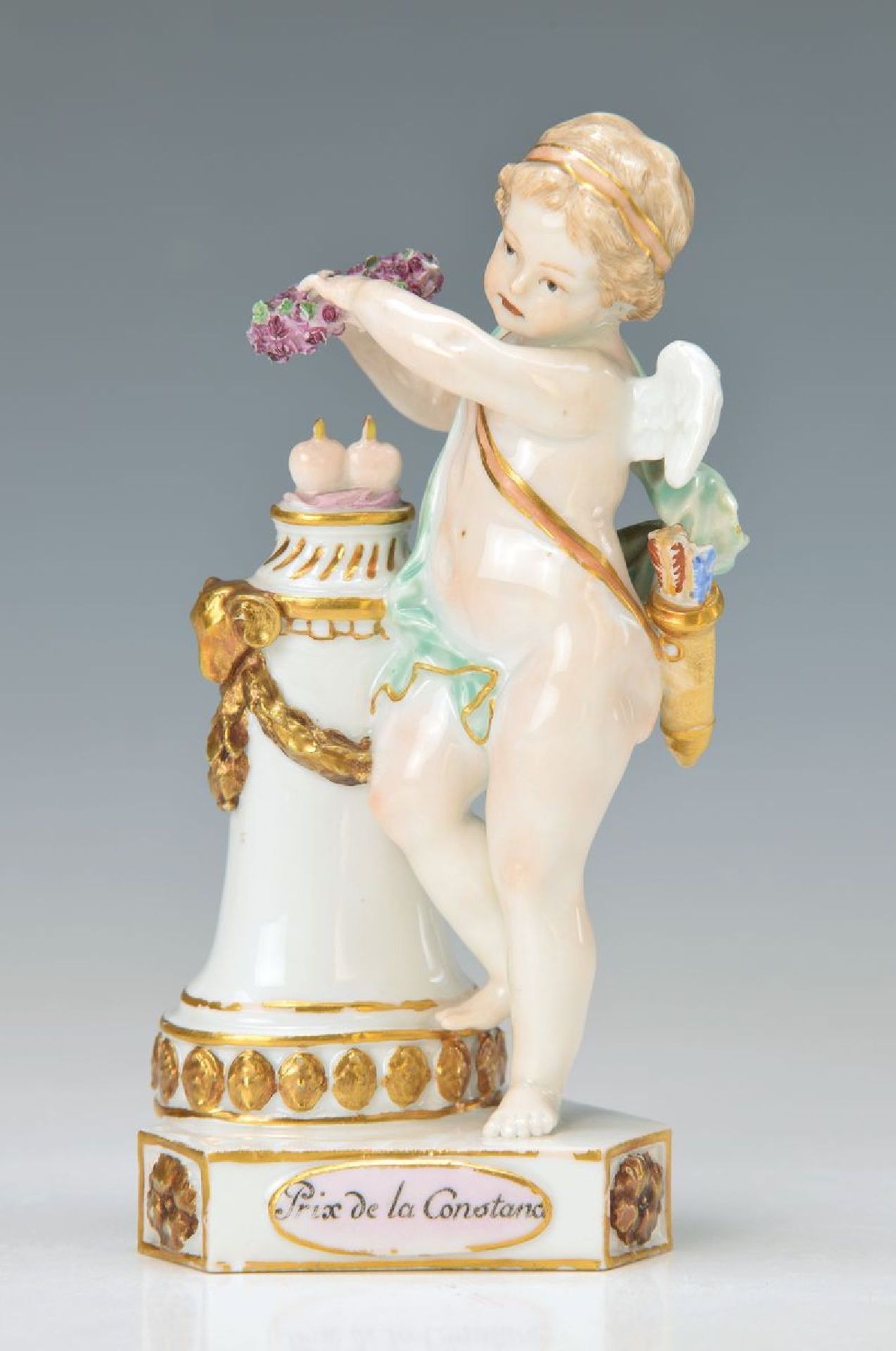 Porzellanfigur, Meissen, Marcolini, um 1773-1814, Devisenkind "Prix de la Constance", Amorette mit