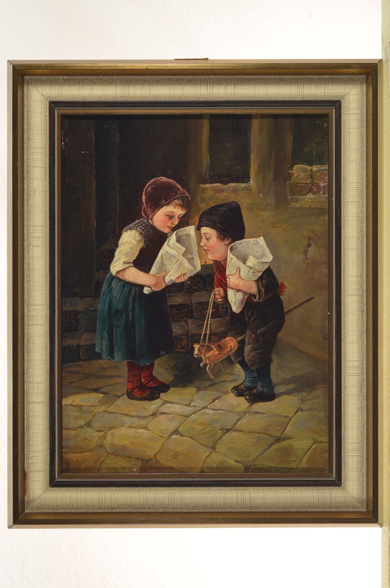 Unbekannter Künstler, deutsch, um 1900, zwei Kinder auf der Straße, Öl/Lwd, ca. 27x20cm/ - Bild 2 aus 2