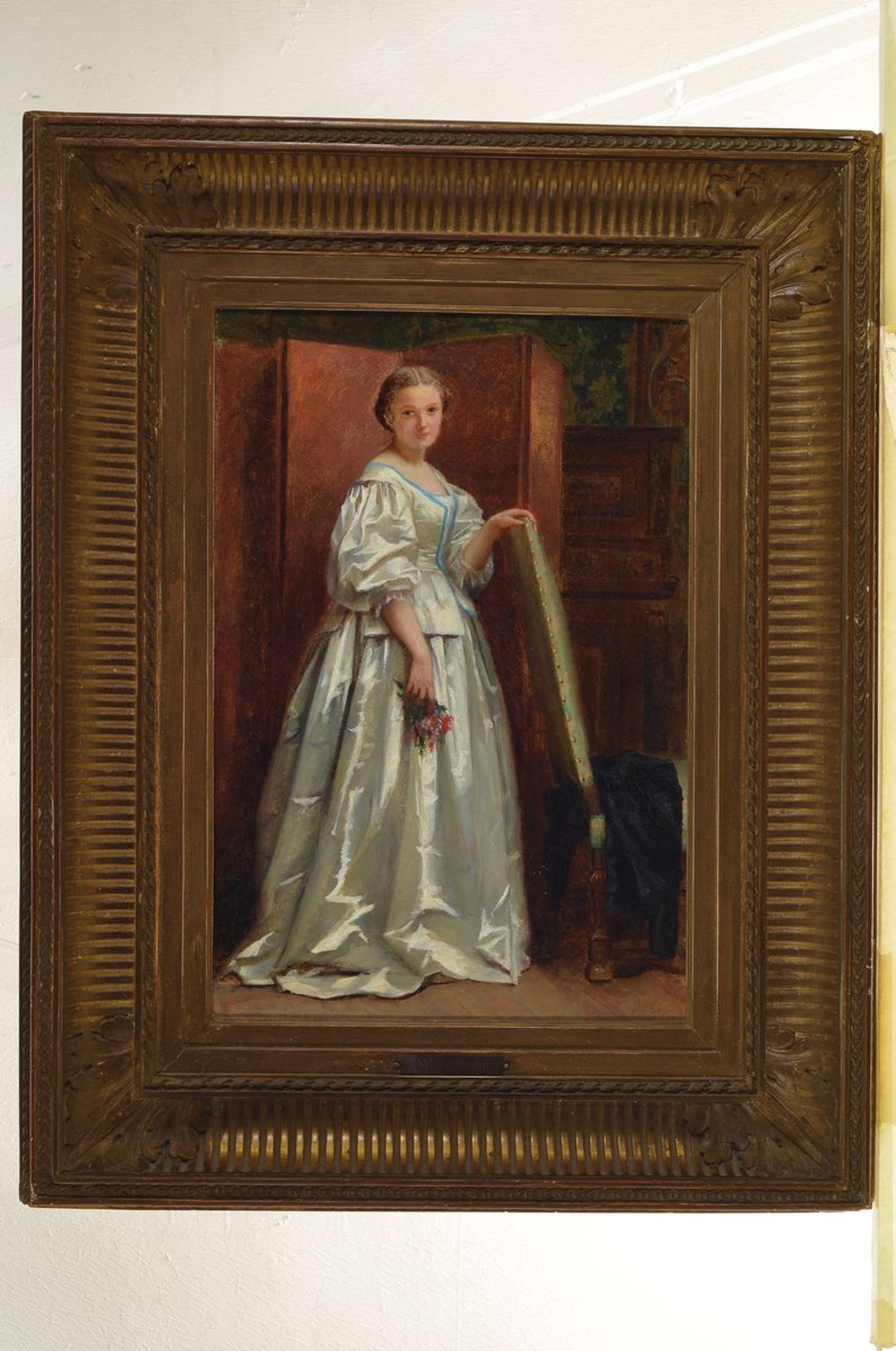 Wilhelm Amandus Beer, 1837 Frankfurt-1907, Dame im weißen Kleid u. kleinem Blumenbukett, Öl/Lwd, - Bild 2 aus 2