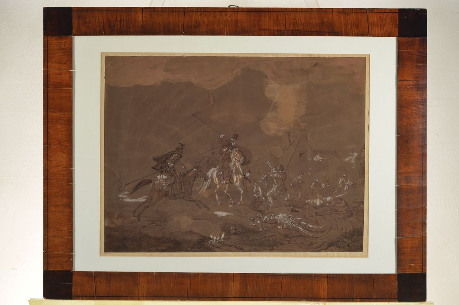 Unbekannter Künstler des 18. Jh., Schlachtenszene, feine Tuschzeichnung auf dunklem Hintergrund, - Image 2 of 2