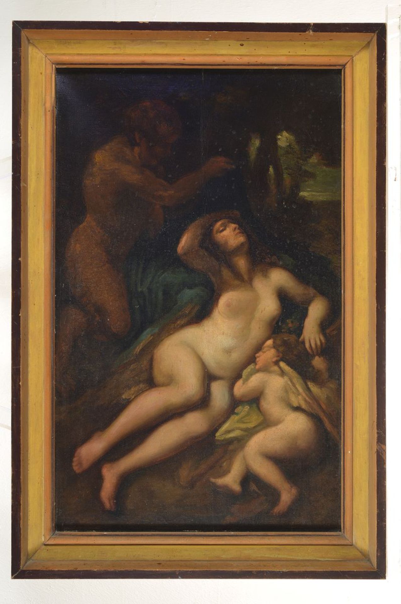 Unbekannter Künstler des 19. Jh., Venus mit Amor, im Hintergrund ein Satyr, Öl/Lwd, restauriert, ca. - Bild 2 aus 2