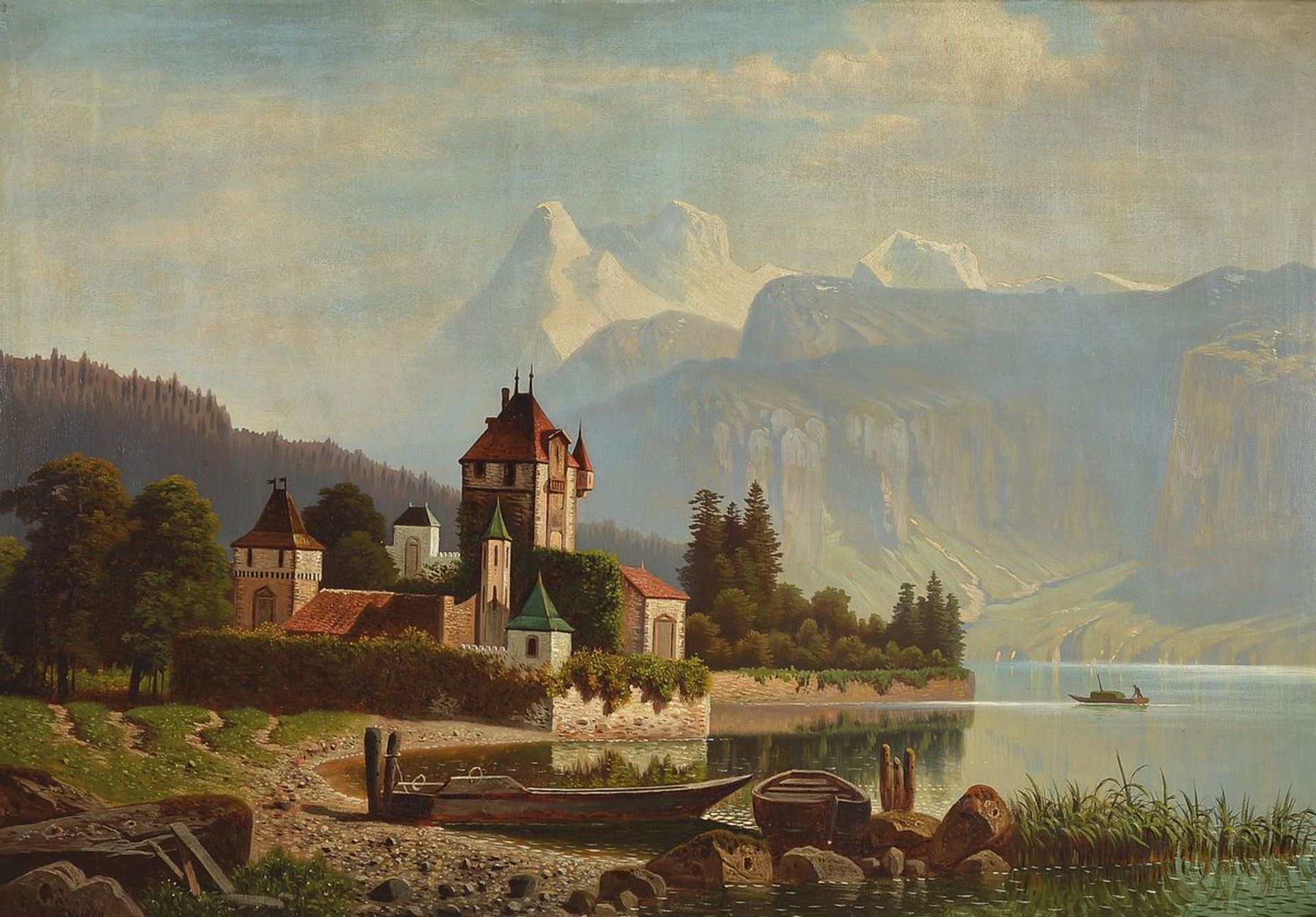 (Wilhelm) Theodor Nocken, 1830-1905 Düsseldorf, Blick auf Schloß Chillon, Öl/Lwd, links unten