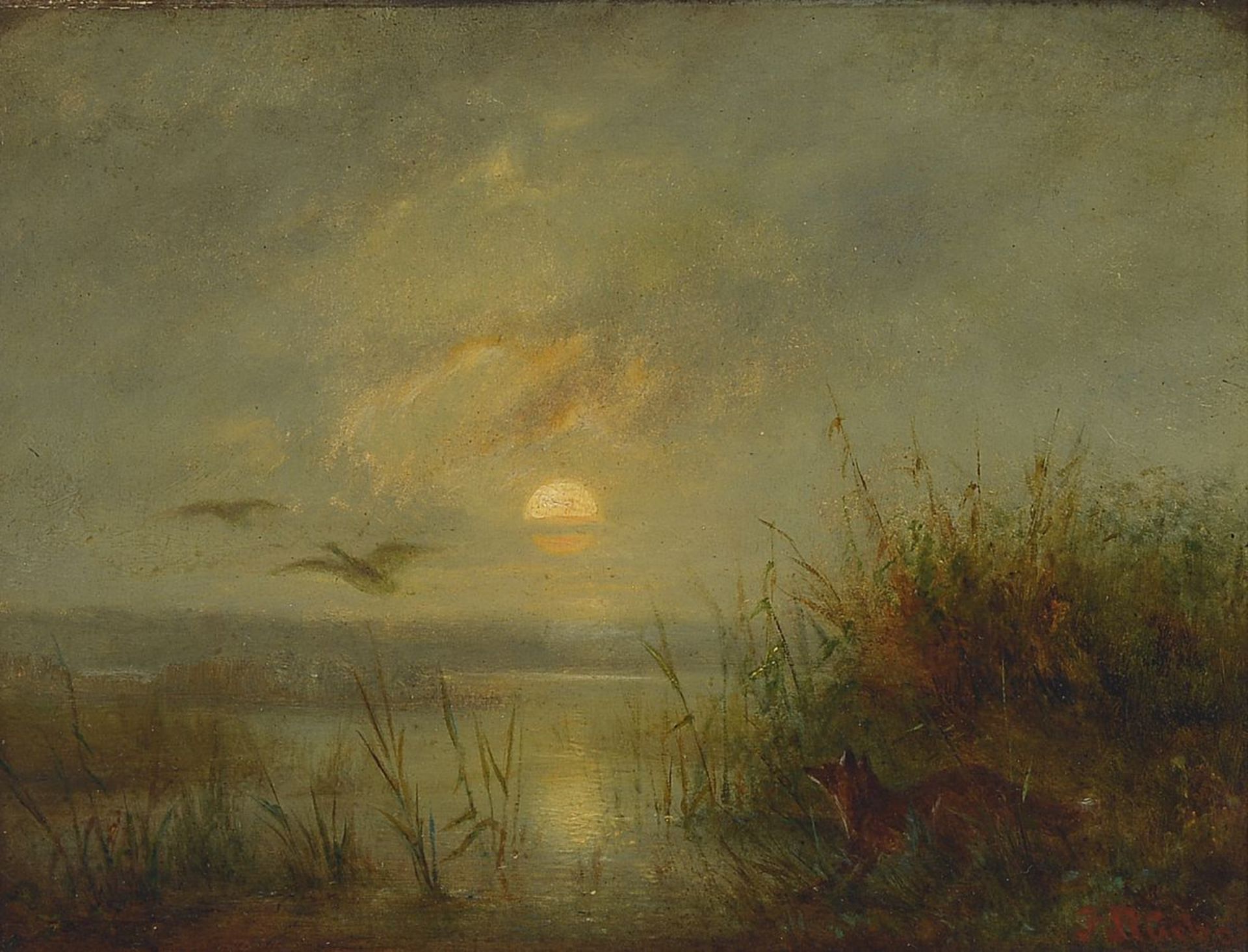 Friedrich Rückert, 1832-1893, Vollmond über dem Moor, Fuchs beobachtet auffliegende Gänse, Öl/