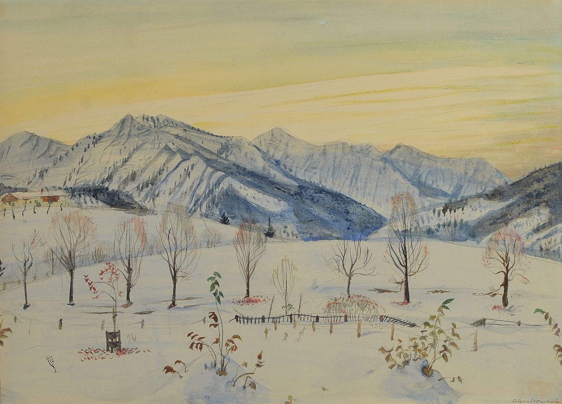 Eugen Croissant, 1898 Landau-1976 Breitbrunn, Winter am Chiemsee, Aquarell auf Papier, signiert, ca.