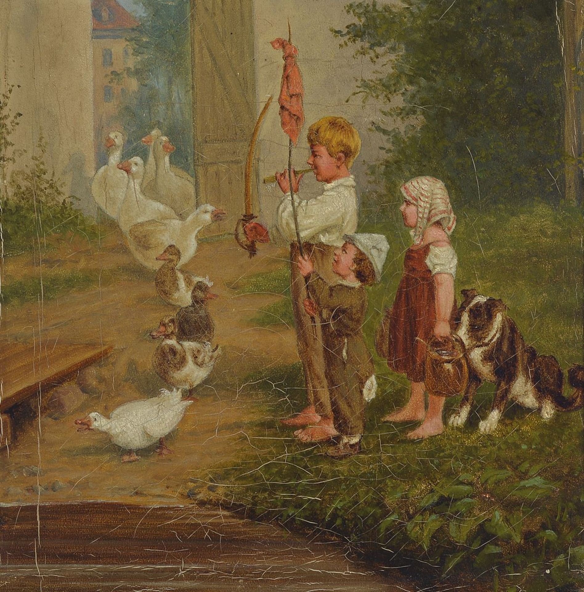 Unbekannter Künstler, deutsch, um 1900, drei Kinder spielen Soldaten und lassen eine Entenschar