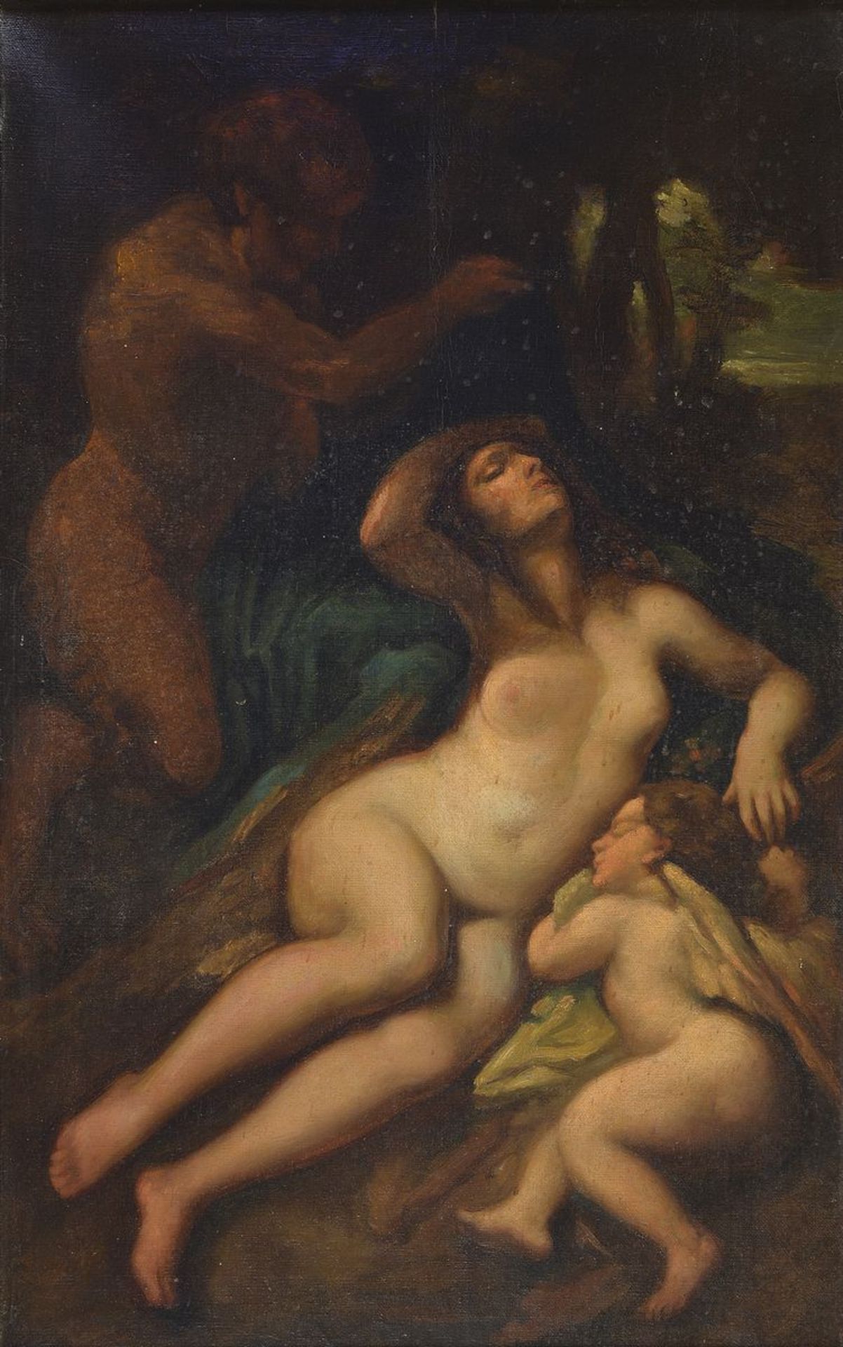 Unbekannter Künstler des 19. Jh., Venus mit Amor, im Hintergrund ein Satyr, Öl/Lwd, restauriert, ca.