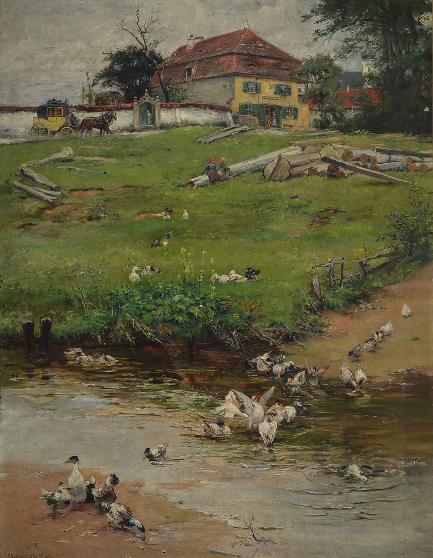 Pius Ferdinand Messerschmitt, 1858 Bamberg - 1915, Gasthaus am Fluss, Öl/Lwd, im Vordergrund Enten