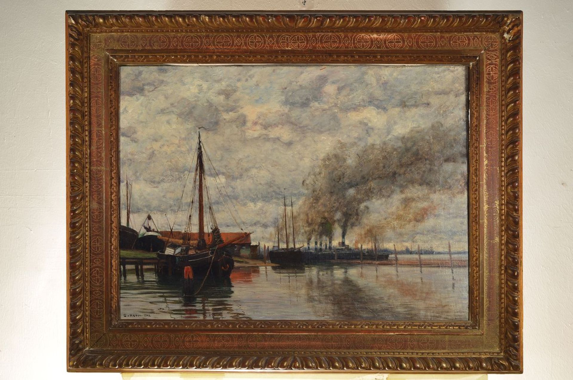 Gottfried von Hoven, 1868 Frankfurt-1921 München, Dampfschiffe im Hafen, Öl/Lwd, mittig ca. 3x2cm - Bild 3 aus 3