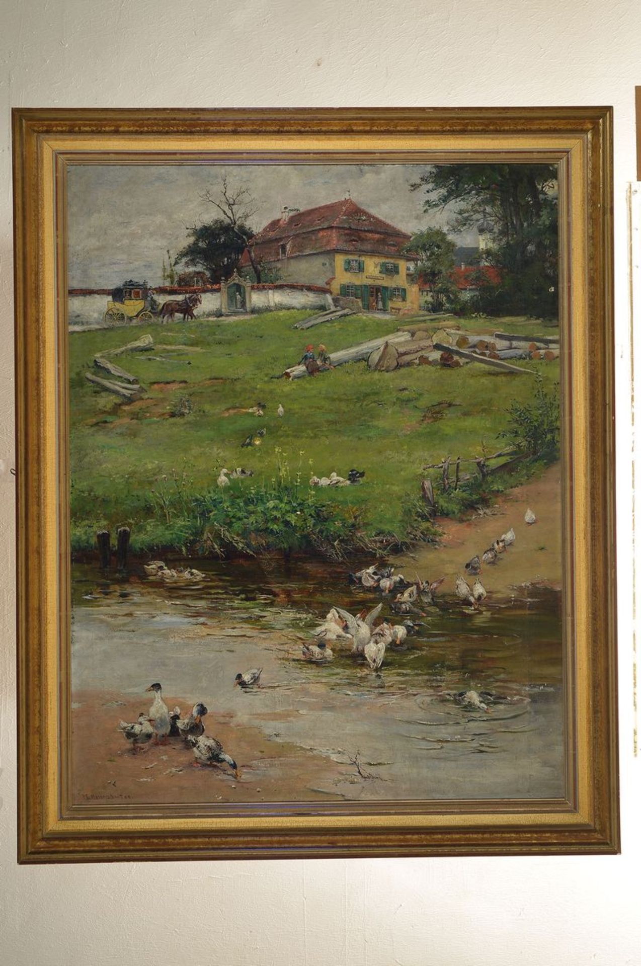 Pius Ferdinand Messerschmitt, 1858 Bamberg - 1915, Gasthaus am Fluss, Öl/Lwd, im Vordergrund Enten - Bild 3 aus 3