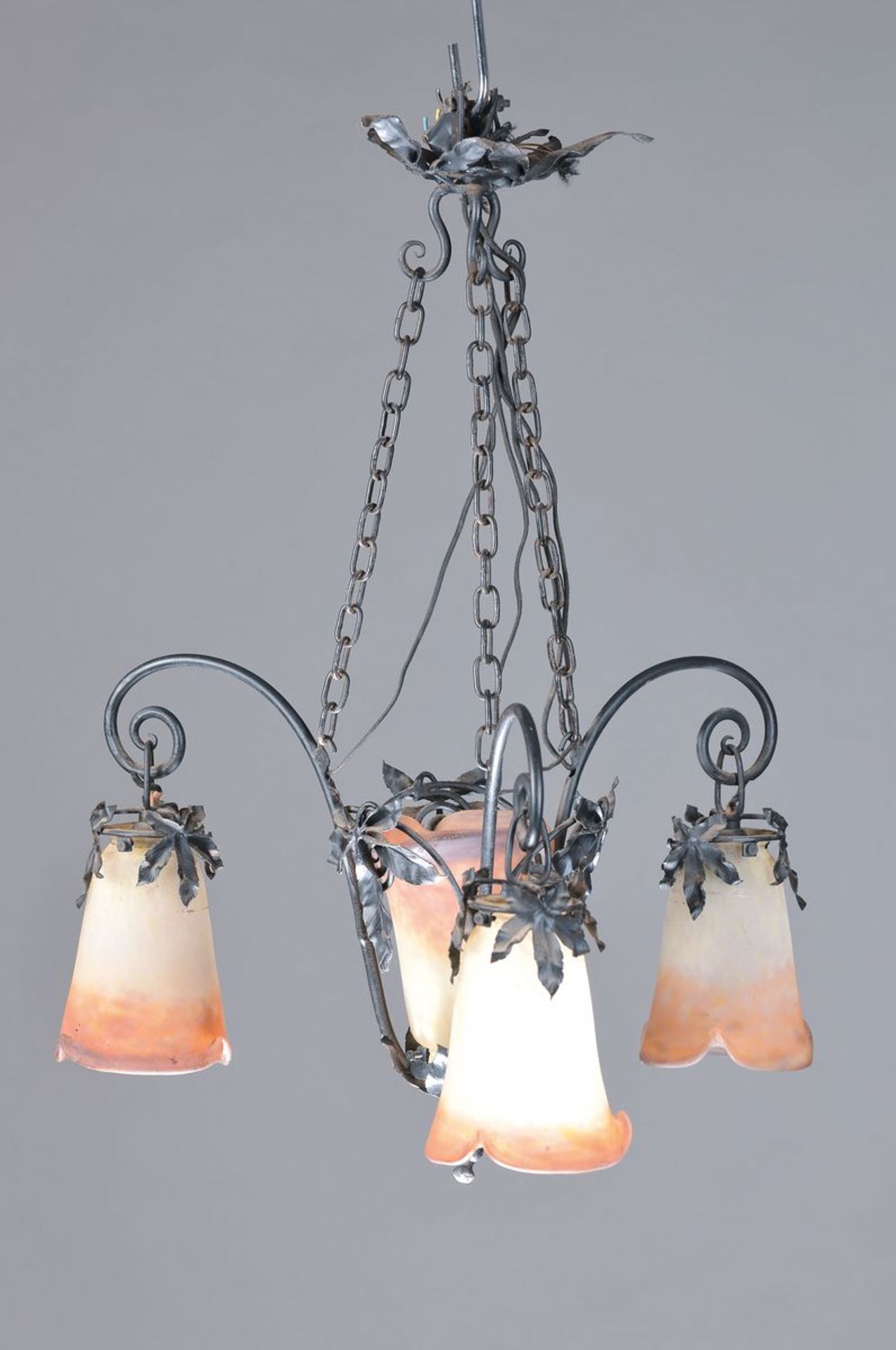 Deckenlampe, Muller Freres Lunéville, um 1910-20, schmiedeeisernes Gestell mit