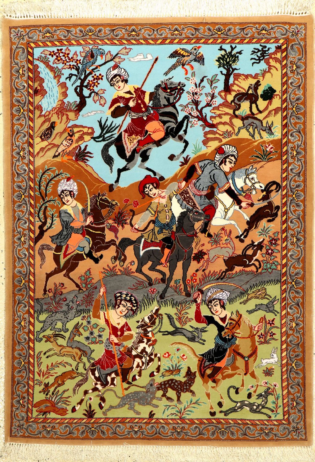 Esfahan fein (Safavid Hunting Design), Persien, ca. 15 Jahre, Korkwolle mit und auf Seide, ca. 123 x