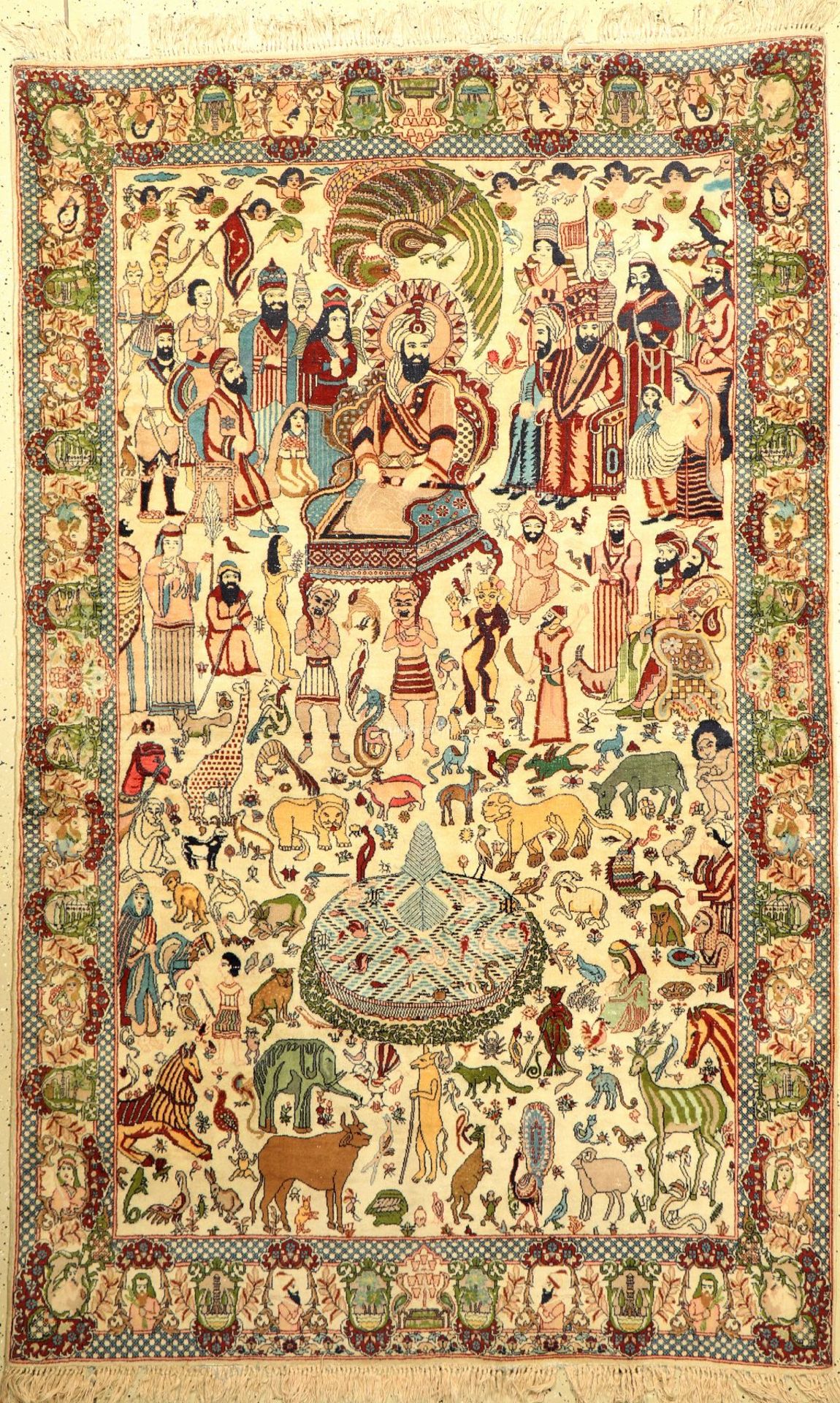 Kaschmir "Bildteppich" alt, Indien, ca. 60 Jahre, Wolle auf Baumwolle, ca. 246 x 156 cm, König