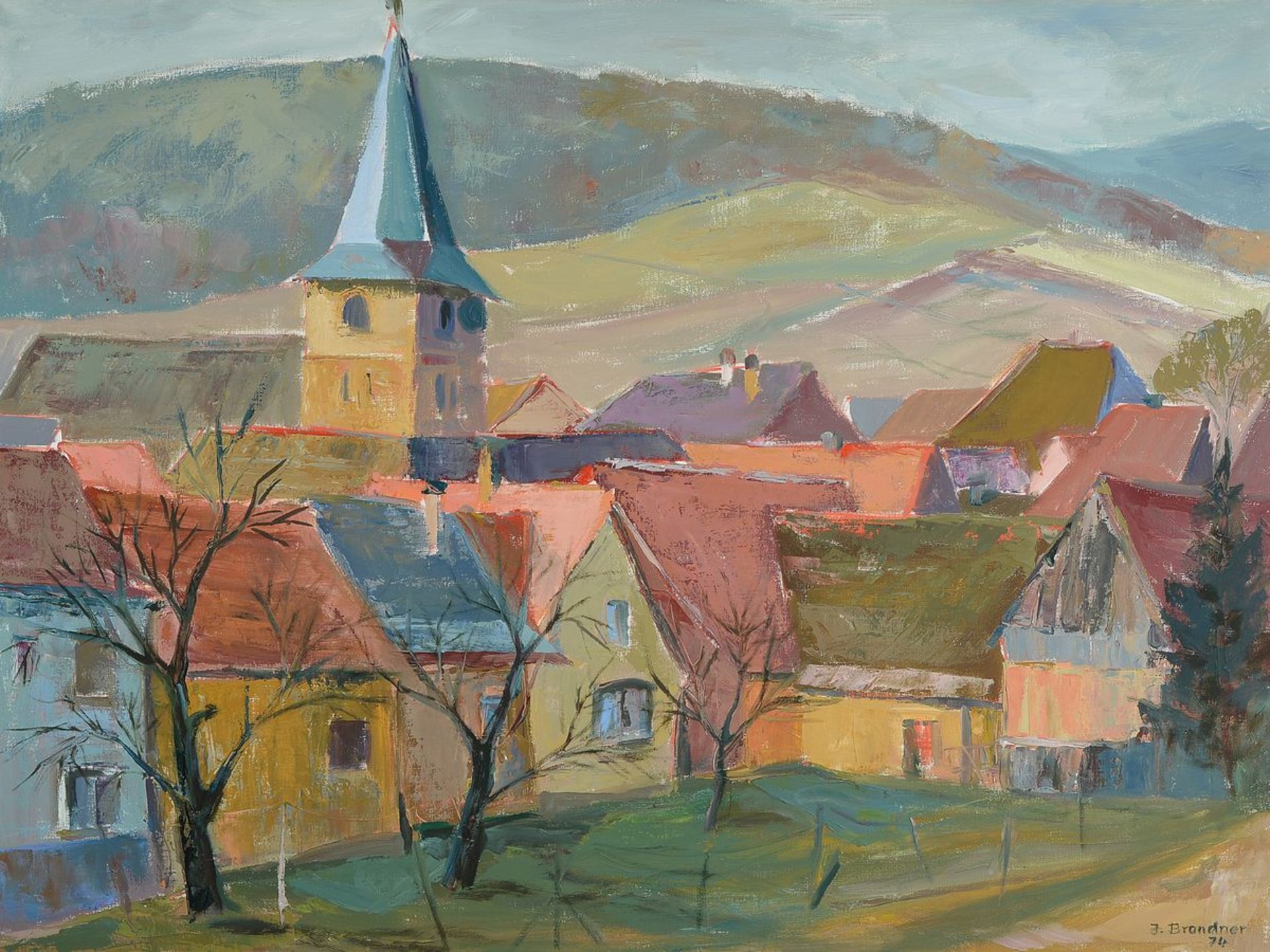 Ingeborg Brandner, geb. 1920, Malerin aus Dörrenbach, zwei Arbeiten: Ansicht von Dörrenbach, Öl/Lwd,