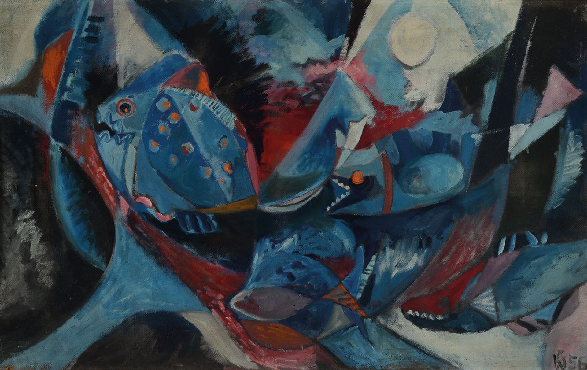 Willi Briant, 1922-2015, Fische, Tempera aufHartfaser, monogr. WB und dat. 56, ca. 60x96cm, R.