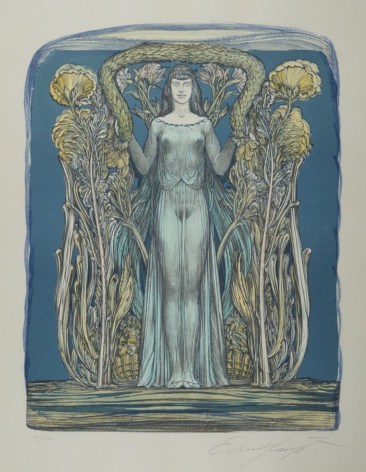 Ernst Fuchs, 1930-2015, Aquarell, "Jugendstildame", sign., num. 40/190 gesamt ca. 68x53 cm, unter