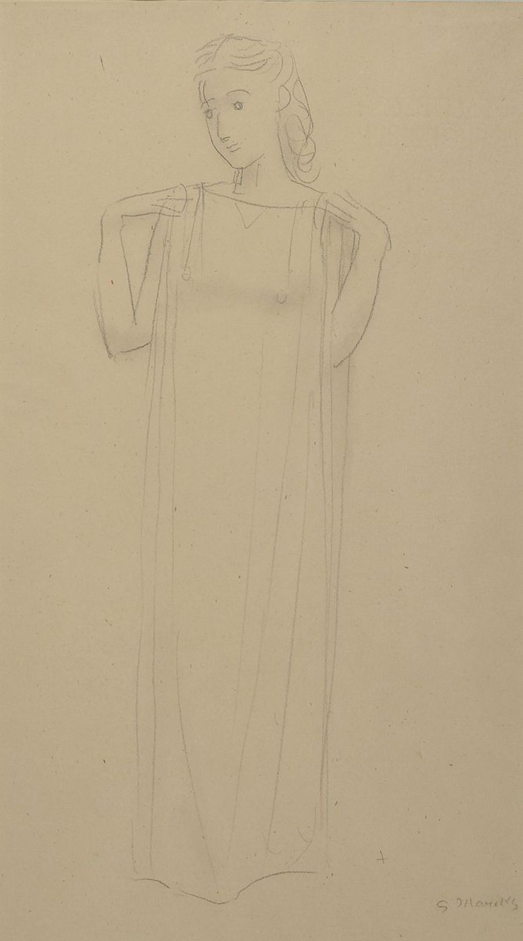 Gerhard Marcks, 1889 Berlin - 1981 Burgbrohl, Bleistiftzeichnung, stehende Frau mit Toga, re. u.