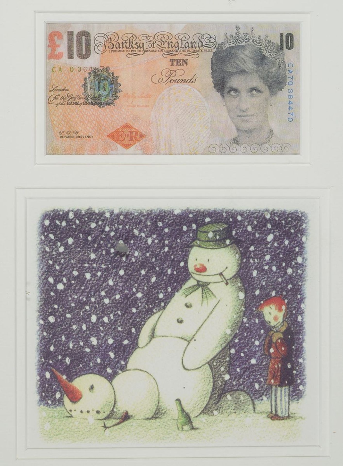 Banksy, zeitgenössischer britischer Künstler, Rude Snowman und difaced tenner, zwei Multiples in