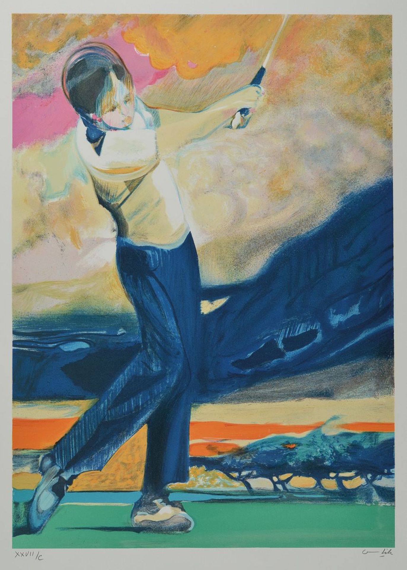 Paul Ambille, 1930 Beziers-2010 Arette, zwei Farblithografien, Golfspieler, num. 27/50, ca. 49x38cm, - Bild 2 aus 4