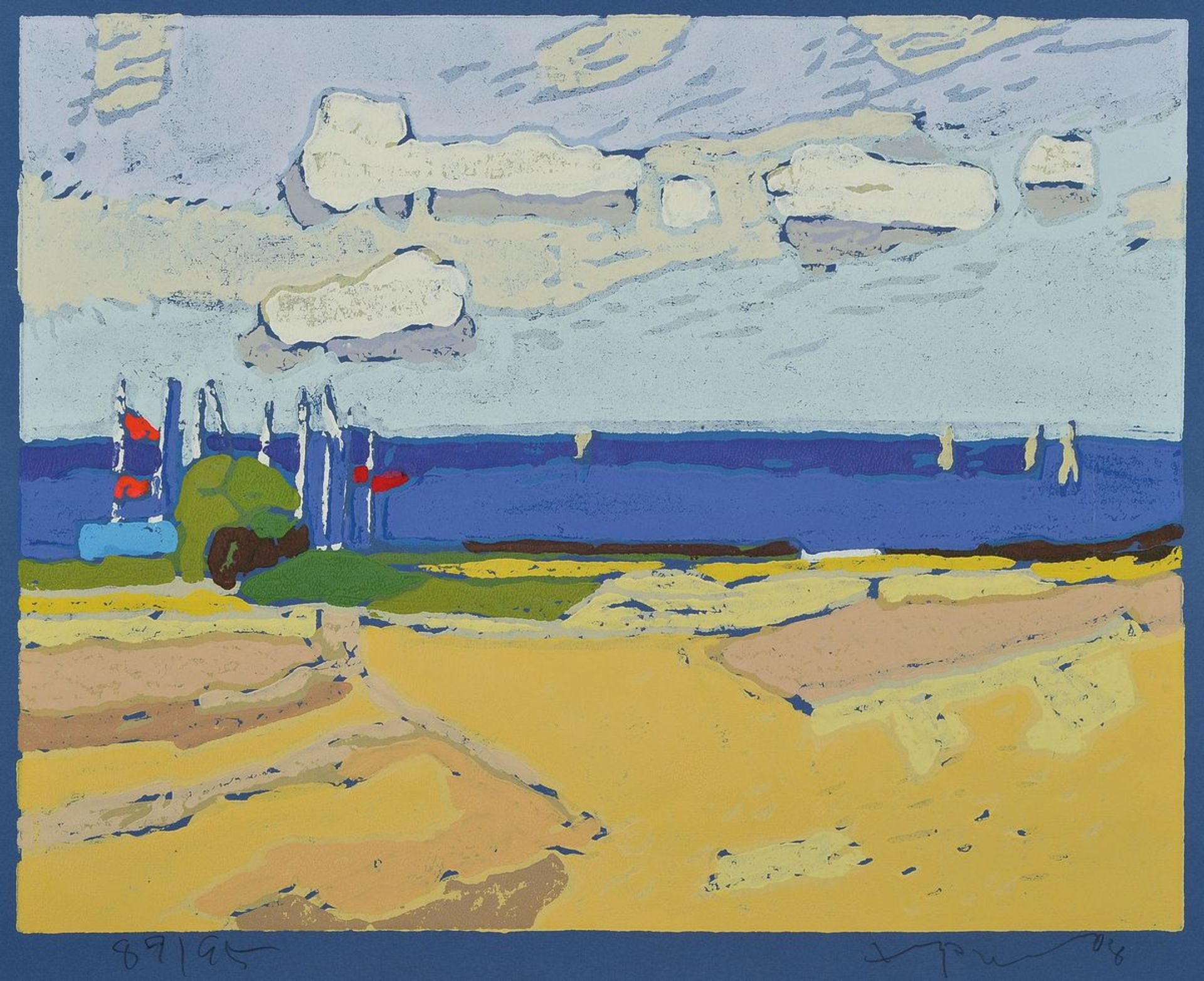 Klaus Fußmann, geb. 1938, Segelboote auf der Ostsee, Farblinolschnitt auf blauem Papier,