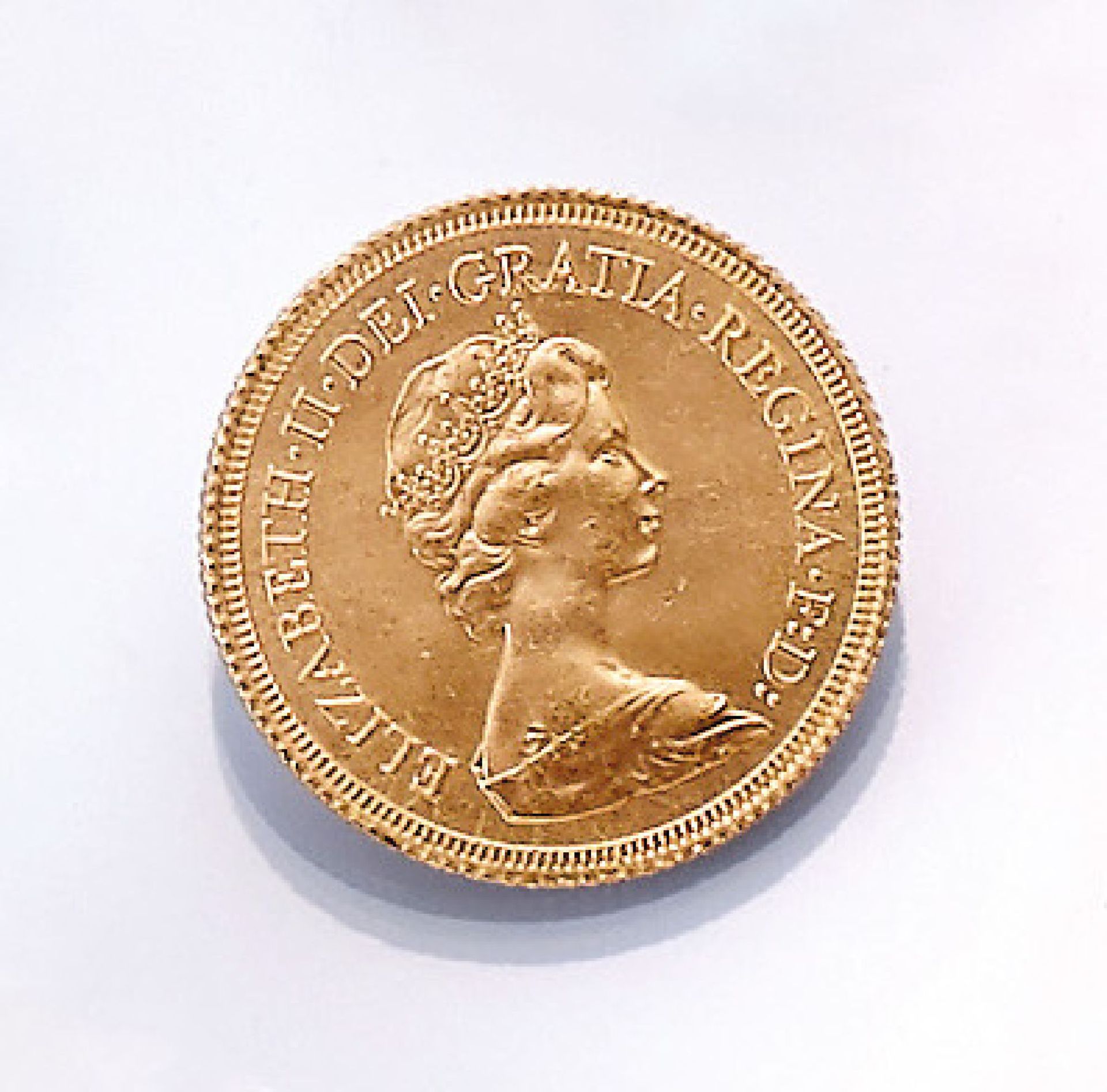 Goldmünze, Sovereign, Großbritannien, 1979, Elizabeth II., RV: Heiliger Georg hoch zu Ross im
