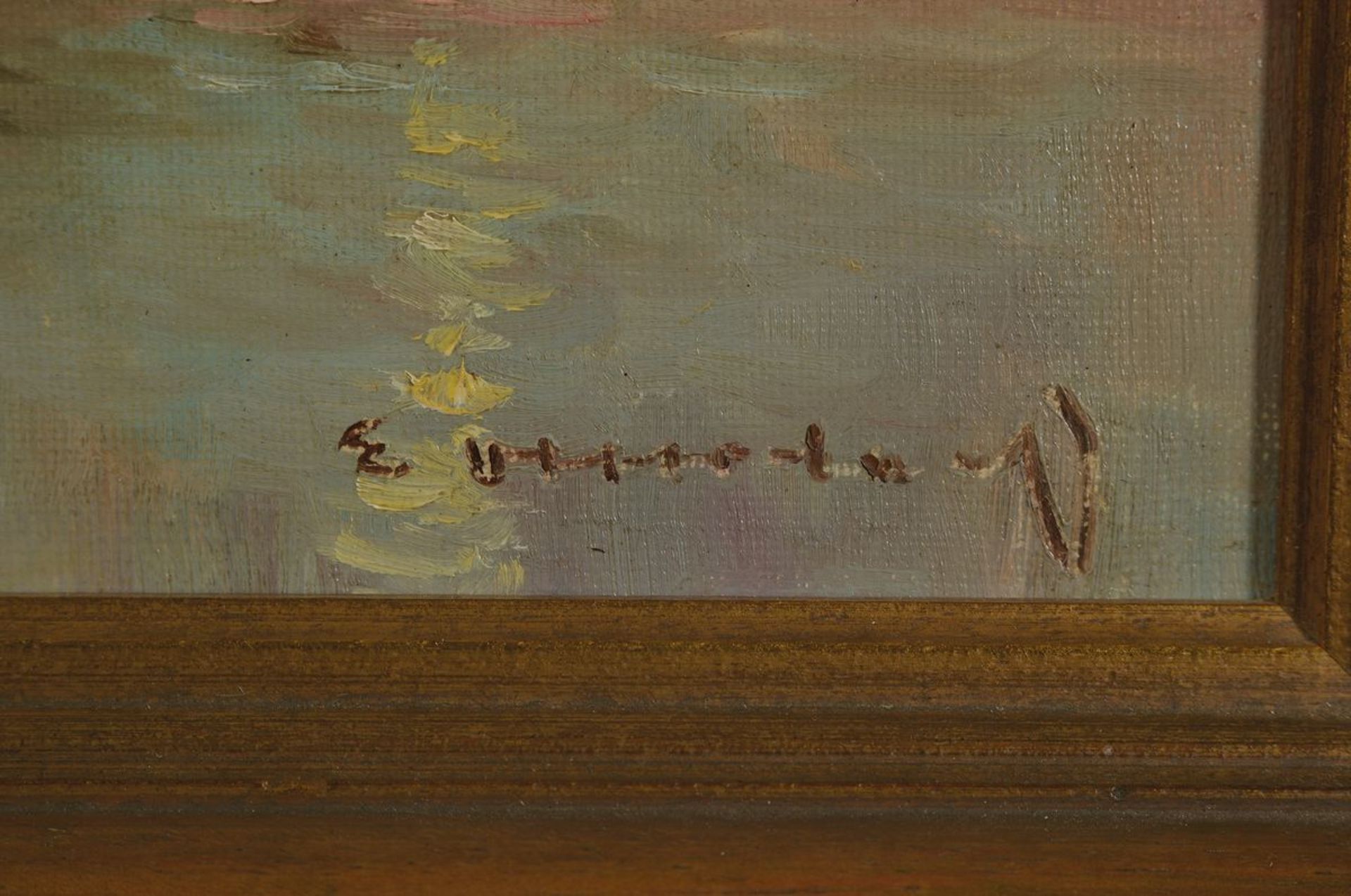 Unleserliche Signatur, winterliche Hafenansicht im Morgengrauen, Öl/Malkarton, re. unten signiert, - Bild 2 aus 3