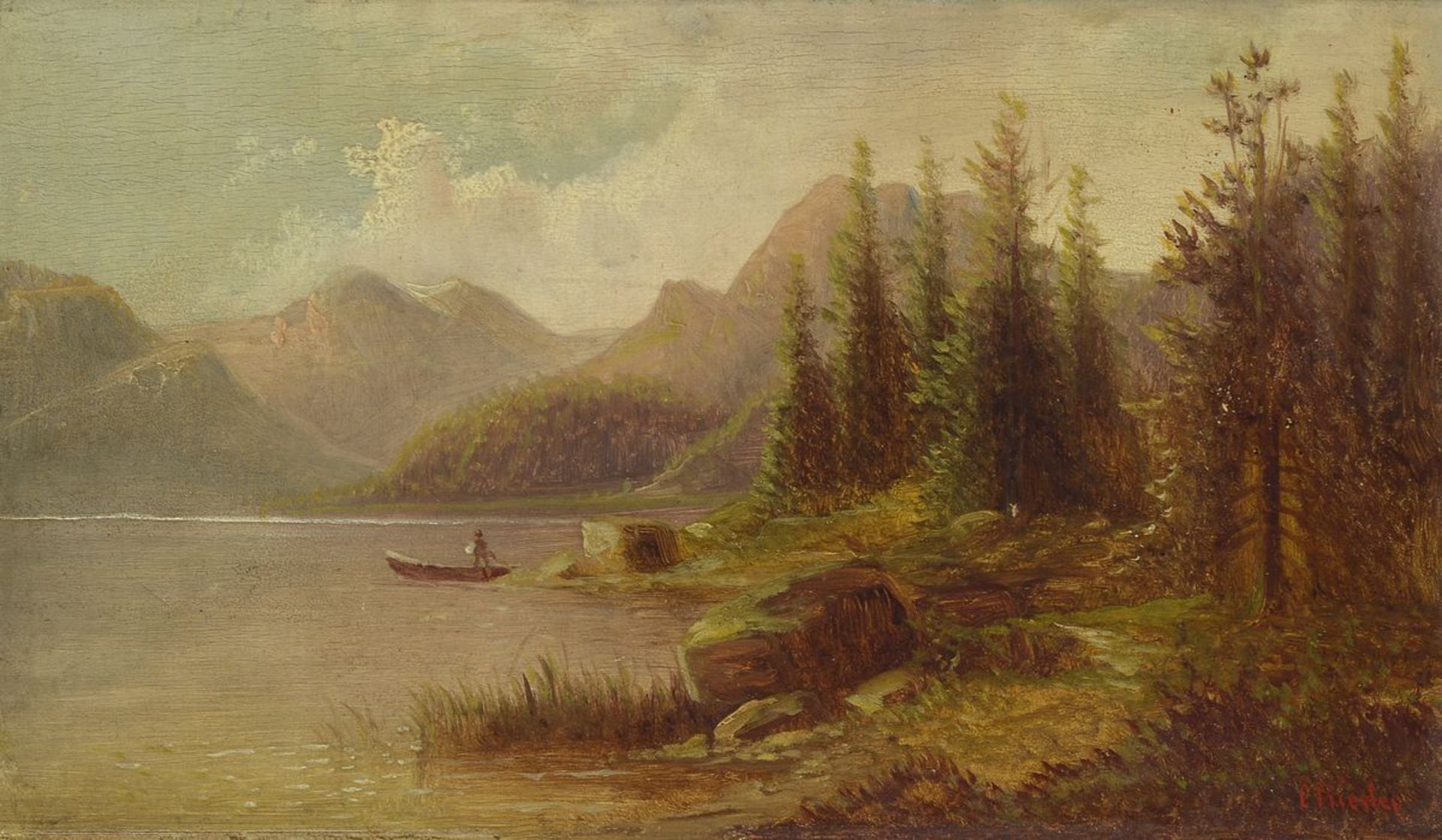 C. Rieder, Pseudonym des Anton Pick, 1840 Görz-1905 Wien, Fischer auf einem Gebirgssee, Öl/Holz,